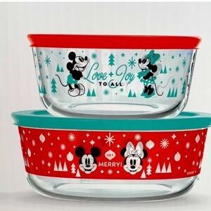 Disney Pyrex Glass Storage 2 Bowl Set with Christmas Red and Teal Lids Brand New